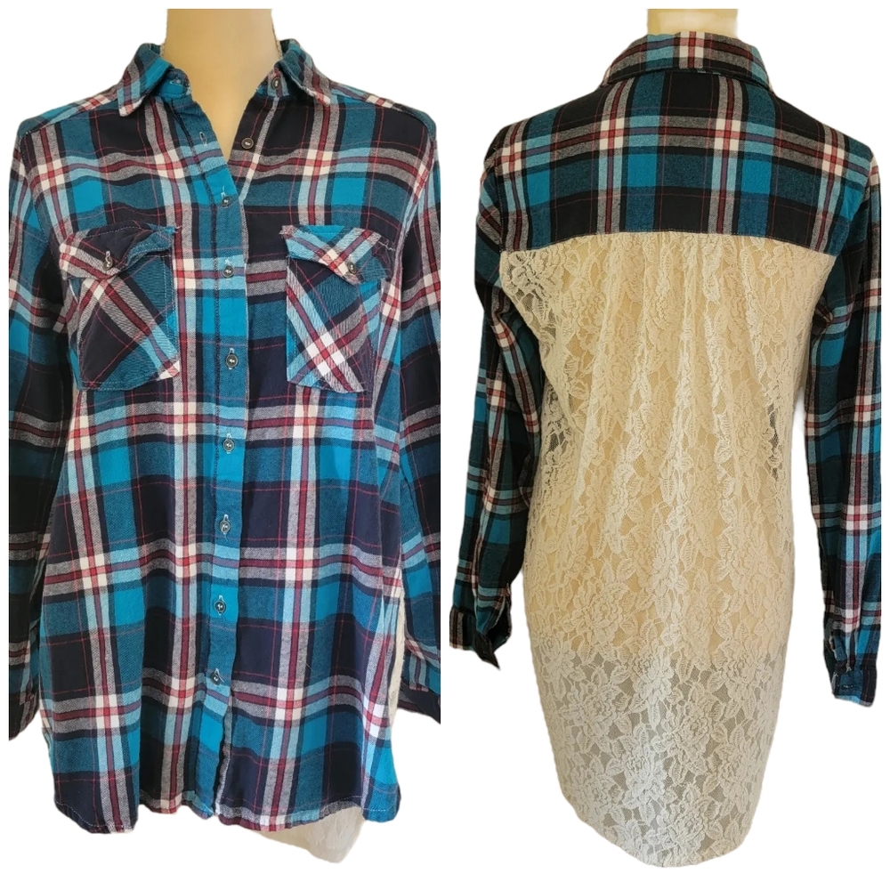 Altar'd State Plaid Lace Back Button Down Long Sleeve Shirt Size M